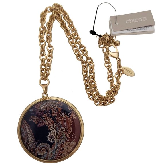 Chicos Paisley Plume Dot Reversible Pendant Gold Tone Chain Necklace 20” L E440 - Picture 7 of 7